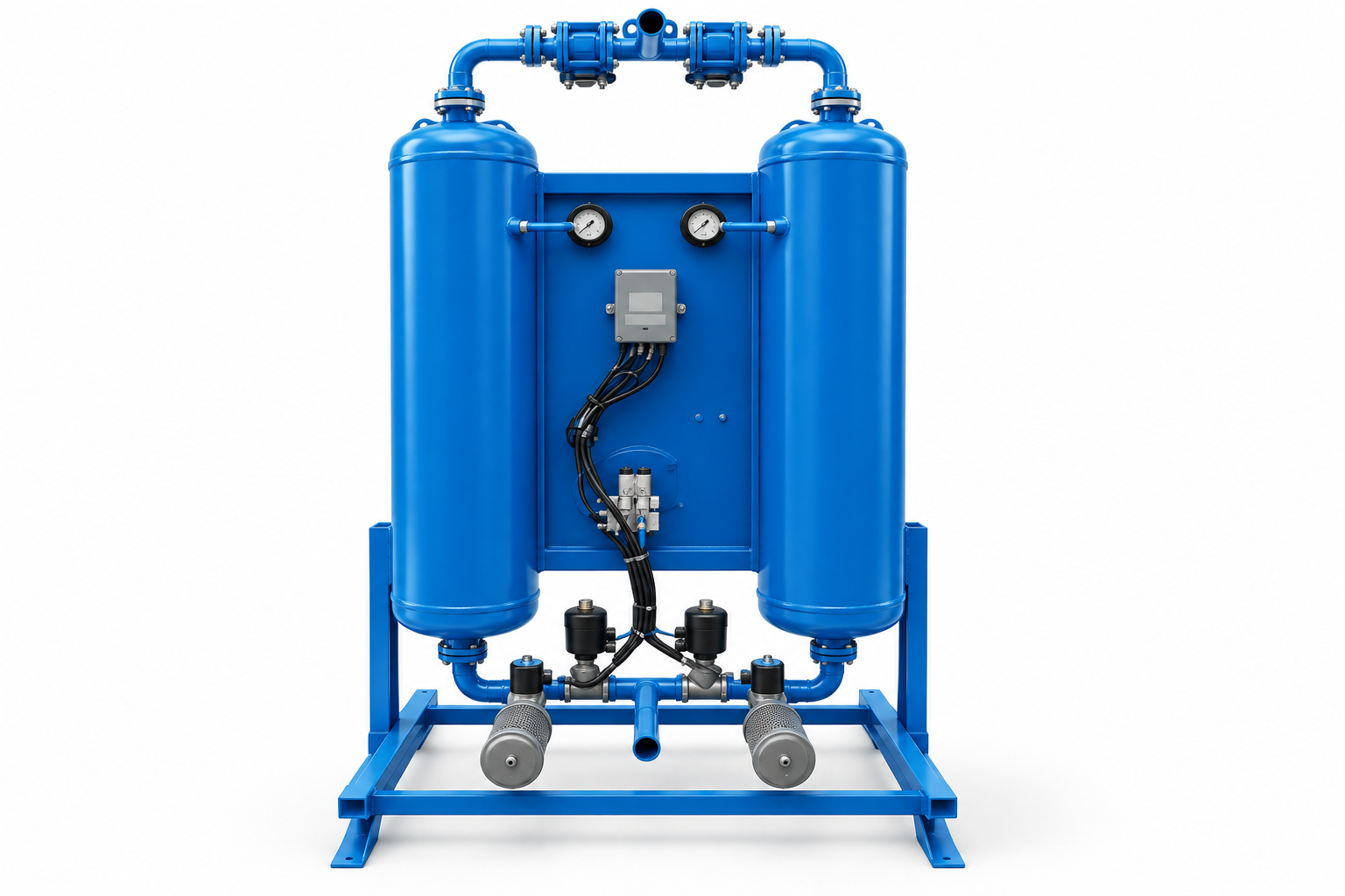 Industrial blue twin-tower desiccant air dryer with control panel and full-height pressure vessels
