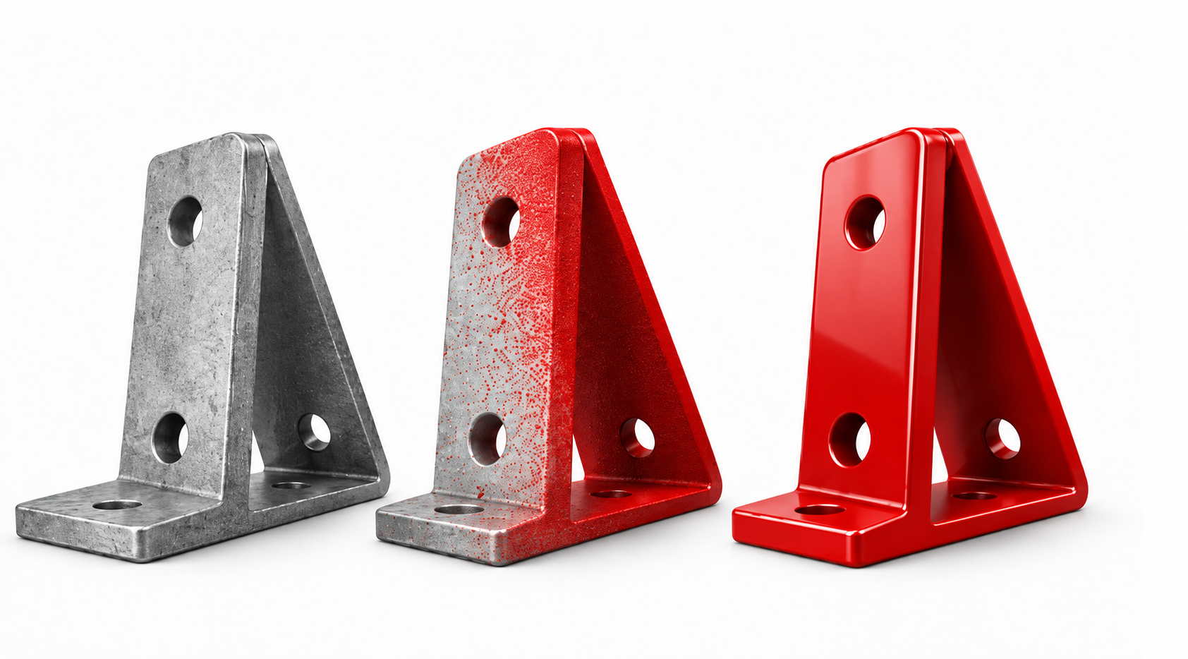 The same bracket through three stages: bare metal, red powder being applied, and a smooth glossy red cured finish